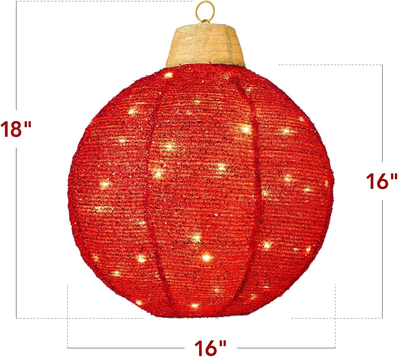 Red LED light ball with dimensions on a white background